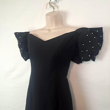 Vintage 90s Black & Pearl Off-the-Shoulder Dress 