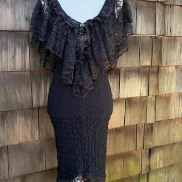 Vintage body con mini black dress lace trim deep v neck back Sz S 7/8 Climax Karen Okada for David Howard. 