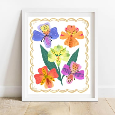 Peruvian Lilly Garden 8 X 10 Art Print/ Alstroemeria Illustration/ Bold & Colorful Floral Collage Wall Decor/ Whimsical Flowers Wall Art 