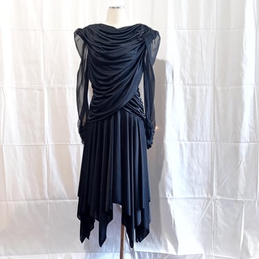 Vintage 1980s • Black Draped Evening Dress • Filigree • Handkerchief Hem • Huge Shoulder Pads • Sheer Long Sleeve • Cocktail Dress 