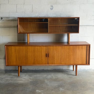 Svend Aage Larsen for Faarup Mobelfabrik Danish Teak Tambour Credenza with Glass Display Hutch Danish Vintage 1960s 