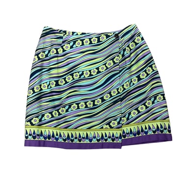 1990s / Y2K floral paisley mod print wrap skirt / 90s does 70s / green and purple / daisies / mod / psychedelic / size 8 