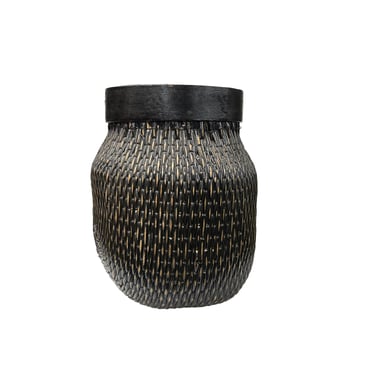 Vintage Oriental Handmade Black Rattan Bamboo Open Basket GB208E 