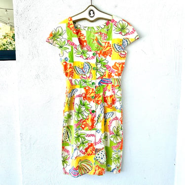 Vintage 80s 90s Hawaiian Seashell Dress 1980s 1990s Hawaii White Green Shell Shirtdress 