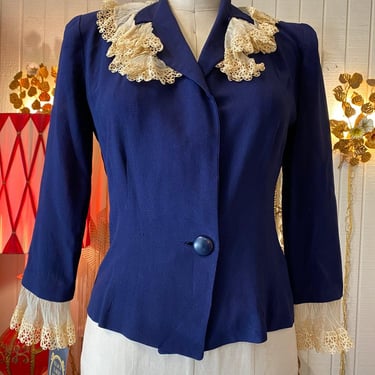 vintage 1940s navy blue rayon blouse, 40s lace collar shirt, sculpted shoulders 