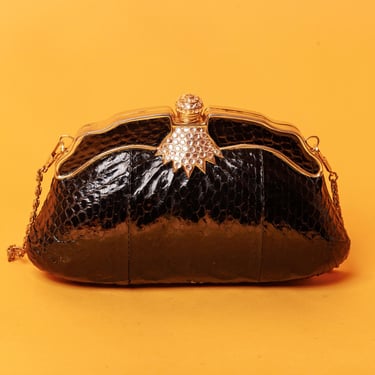 80s Black Gold Snakeskin Rhinestone Hardcase Clutch Vintage 1980s Evening Textured Party Purse 