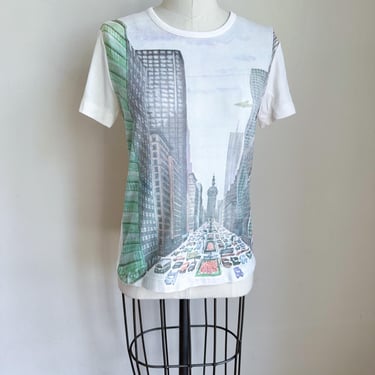 Vintage 1970s Cityscape Novelty Print Nylon Tee / XS-S 
