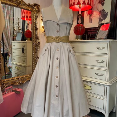 vintage 1980s khaki cotton fit and flare dress exaggerated collar pockets med 