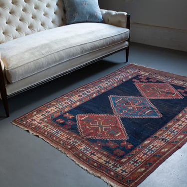 Antique 4’2” x 6' Kazak Rug Floral Geometric Navy Red Rug Wool Hand-Knotted 1920s - FREE DOMESTIC SHIPPING 