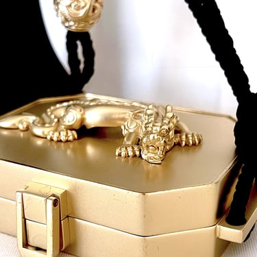 90s GOLD MINAUDIERE, 1990s Archival Couture, Barry Kieselstein Cord, Jewel Box Bagette, Red Alligator Clutch, Y2K Mini Bag, Gold DRAGON Bag 