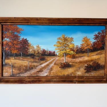 1970’s B. J. Bailey Autumn Country Path Landscape Oil on Canvas Painting, Rustic Wood Framed 