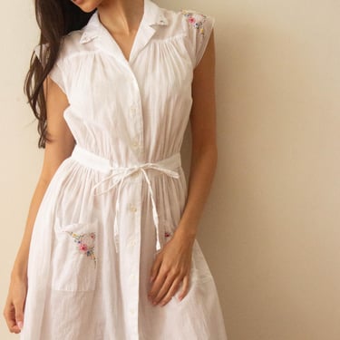 1970s Embroidered Cotton Voile Summer Dress 