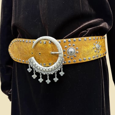 Vintage Suzi Roher Hip Belt 2000s Retro Womens Size Large + Western + Golden Yellow Leather + Silver Crescent-Moon Buckle + Hanging Charms 