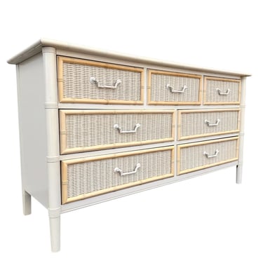 White Faux Bamboo Wicker Dresser with 7 Drawers by Dixie - Vintage Made in USA Rattan Hollywood Regency Pal Beach Coastal Style Furniture 