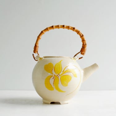Vintage Hand Painted Ceramic Teapot with Yellow Hibiscus Flower & Bamboo Handle 
