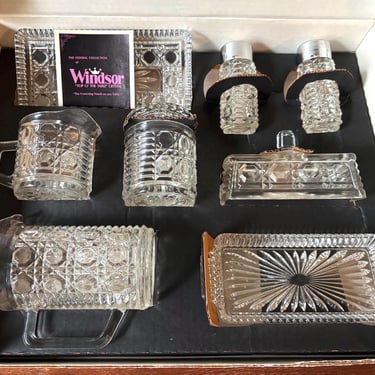 Vintage Federal Glass Windsor Crystal Table Serving Set | Full 9-Pc Kitchen Dining | Salt Pepper, Butter Dish, Creamer Sugar, Tray, Pitcher 