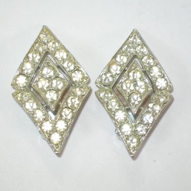 Vintage Sarah Coventry Diamond Shape Silver Tone & Pave Rhinestone Clip on Earrings 