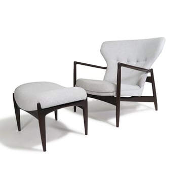 Restored IB Kofod Larsen Highback Lounge Chair and Ottoman in New Fabric