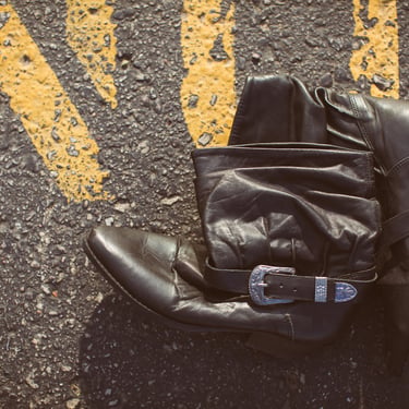 Vintage Black Leather Biker Boots Booties Western Buckle 80s Slouchy Mid Calf Made in Chile Size 8 Silver 