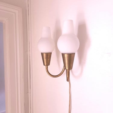 RESERVED Pair Lyfa wall lights brass opaline glass sconces Bent Karlby wall lights Mid century sconces pair 