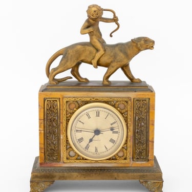 French Empire Style Cupid Riding Panther Gilt Metal and Marble Mantel Clock