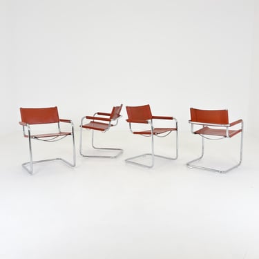set of 4  Mid century Bauhaus Leather b34 armchairs by Mart Stam & Marcel Breuer for Fasem, Italy 1985 