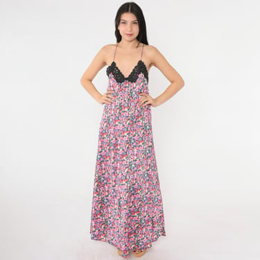 Vintage Floral Nightgown Lingerie Black Lace Slip Dress 80s Maxi Nylon V Neck Criss-Cross Spaghetti Strap Low Back 1980s Large L 