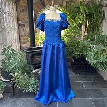 Vintage 1980s Sapphire Blue Satin and Lace Back Bow Formal Dress Lace Handless  Gloves 