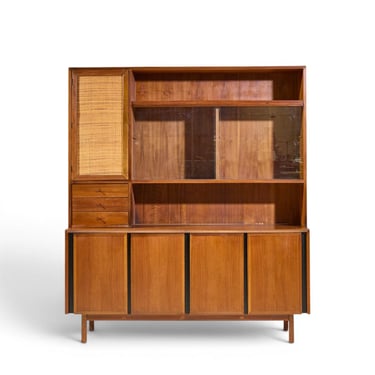 Dillingham Mid Century Walnut and Cane Sideboard Credenza and Hutch - mcm 