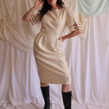 Vintage 1980s Albert Nipon Cream Linen Midi Cocktail Dress | Size Medium 