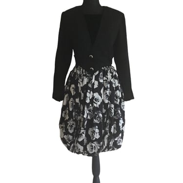 Vintage 80’s era  black velvet and silk party Dress, bubble style dress 