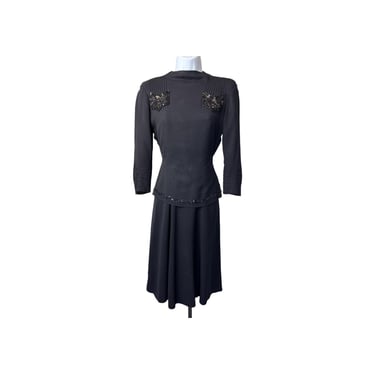 1960s Black Crepe Dress and Top with Beaded Butterfly Pockets 