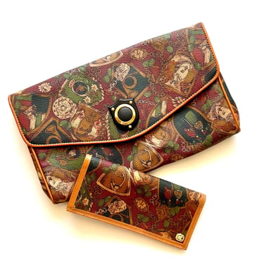 Vintage 90s Baroque Leather Printed Bag 1990s Clutch Handbag Matching Wallet 
