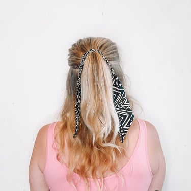 Boho Hair Ribbon - Black / Ivory Style 2 - tie wrap / aztec / white / bow / printed / aztec geometric 
