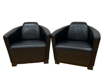 Italian Modern Calia Black Leather Barrel Lounge Chairs for Reupholstery – Pair