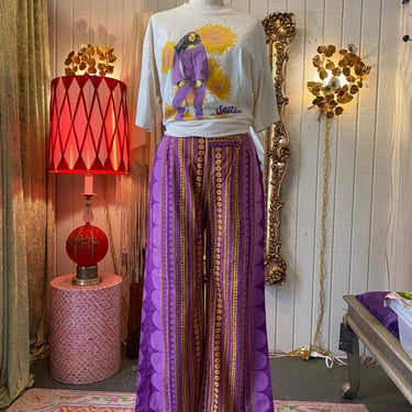 vintage 1960s purple abstract cotton pants, op art psychedelic slacks, whals, 30 
