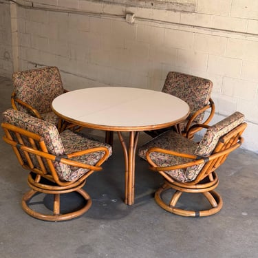 Rattan Dining Set with Extension Round Table and 4 Swivel Chairs Mid-Century Modern 1970s 