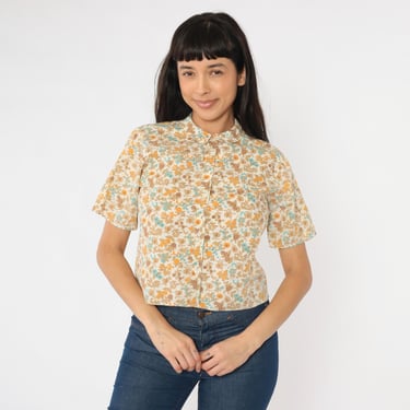 60s Floral Blouse Butterfly Print Button up Top Retro Mod Short Sleeve Button up Peter Pan Collar Shirt Hippie Boho Vintage 1960s Medium M 