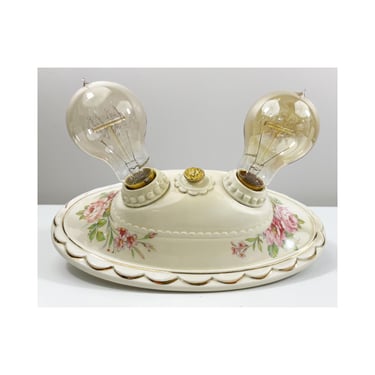 Refurbished Antique Porcelier Dual Light Flush Mount Ceiling Fixture - Red Pink Rose Florals - 1930's Art Deco Period 