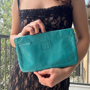Vintage Teal Leather Clutch by Anne Klein for Calderon, Blue 90s Clutch 
