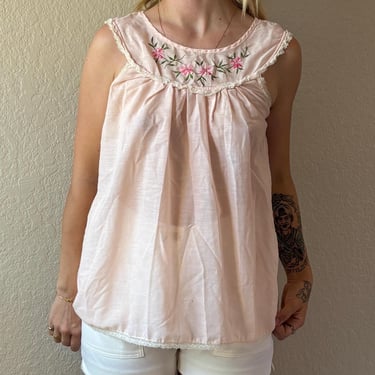 60s Baby Pink Top Vintage Embroidered Top 60s Dainty Pink Tank Top 60s Cotton Top Vintage Floral Pink Top 60s Babydoll Top 