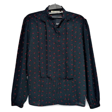 Vintage Chaus Cherry Print Pleated Blouse, Blue Pinstripe Shirt, Made in Hong Kong, 1980s 