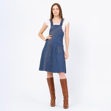 Vintage 70s Rainbow Stitch Denim Pinafore Dress - Extra Small | Boho A Line Mini Overall Jean Dress 