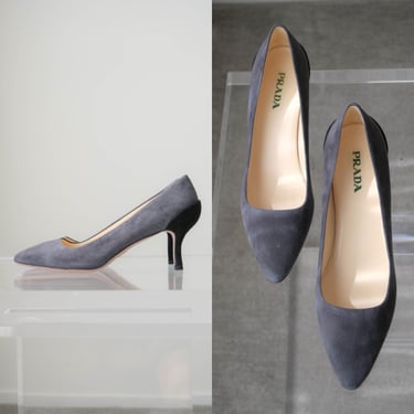 Vintage PRADA 2008 Archival Camoscio Bicolo Asfalto Nero Suede Heels w/ Box & Dust Bags | Made in Italy | Size 40 | Y2K Designer Shoe 