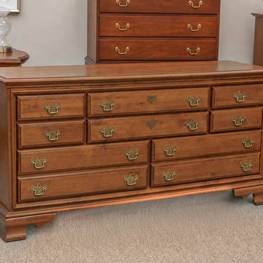 Cherry Eight Drawer Dresser In Warm Chestnut Finish W/ Scroll  Brass Bail Pulls