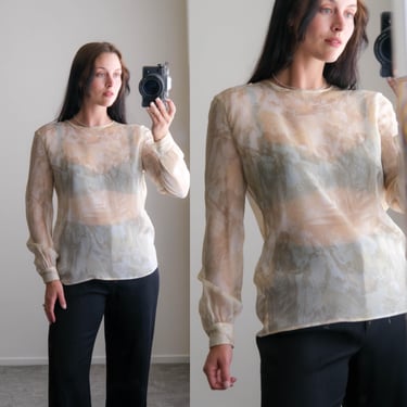Vintage 80s GIORGIO ARMANI Silk Long Sleeve Blouse w/ A Scenic Classical Romantic Print | 100% Silk | 1980s Designer Sheer Blouse 