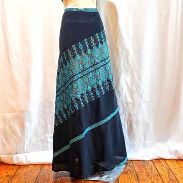 1970s Greek Wrap Maxi Skirt • BETYK • Greece • Black Cotton Gauze • Hippie Skirt • Teal Gold Hellenic Folk • Festival Resort Skirt • OSFA 