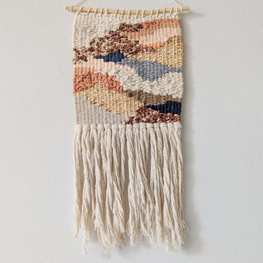 Wall Weaving / Hanging - Woven Tapestry - Natural Raffia - Peach, Rust, Navy Blue, Grey - Boho Fiber Art - Handwoven Weave -Nursery Art (P1) 