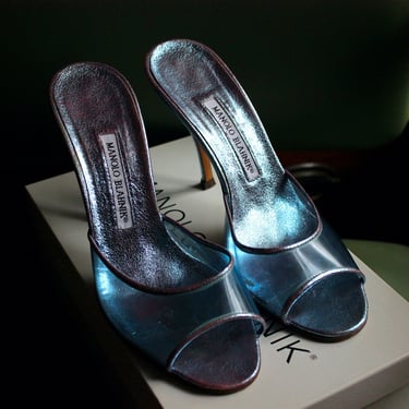 Astuta Manolo Blahnik PVC and Metallic Blue Heels Mules 