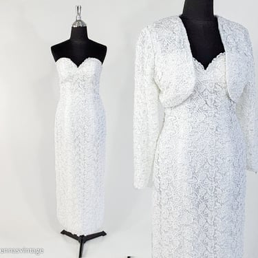 1980s White Beaded Lace Evening Dress Bolero Set | Vintage  White Formal Strapless & Jacket | Small 